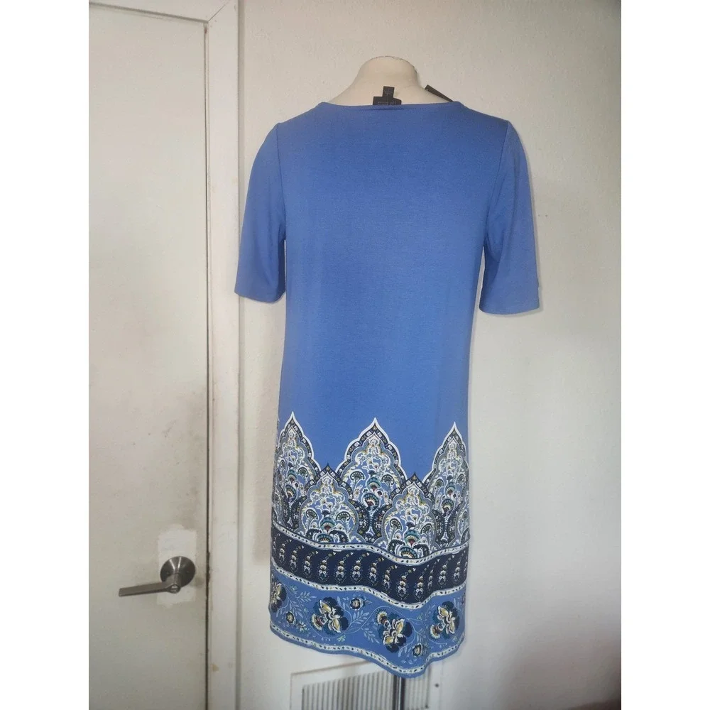 J. Jill NEW Wearever Blue Paisley Border Print‎ V-Neck Shift Dress S